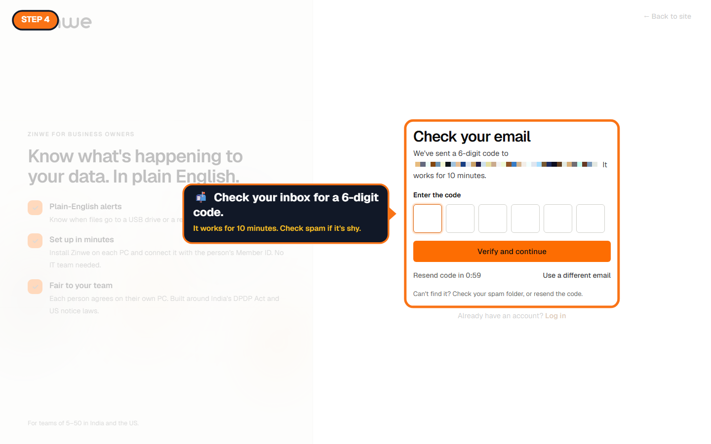 The Check your email screen with six empty code boxes