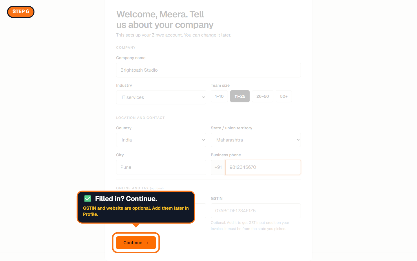 The company form filled in, with the Continue button highlighted