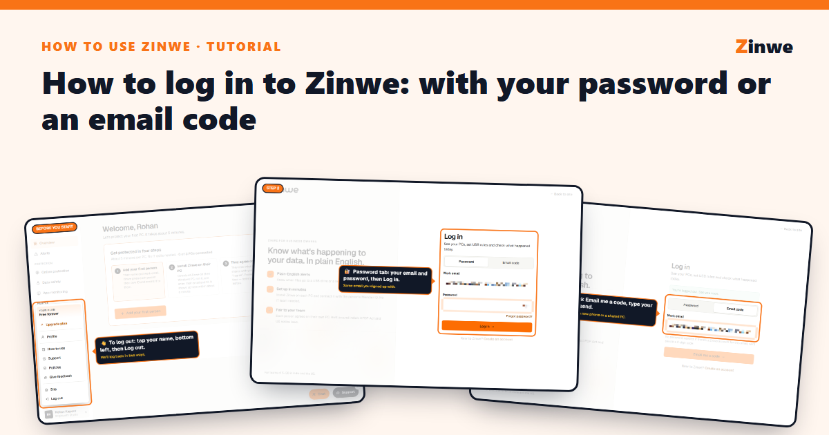 Three screens from logging in to Zinwe: the account menu, the password login and the email code option.
