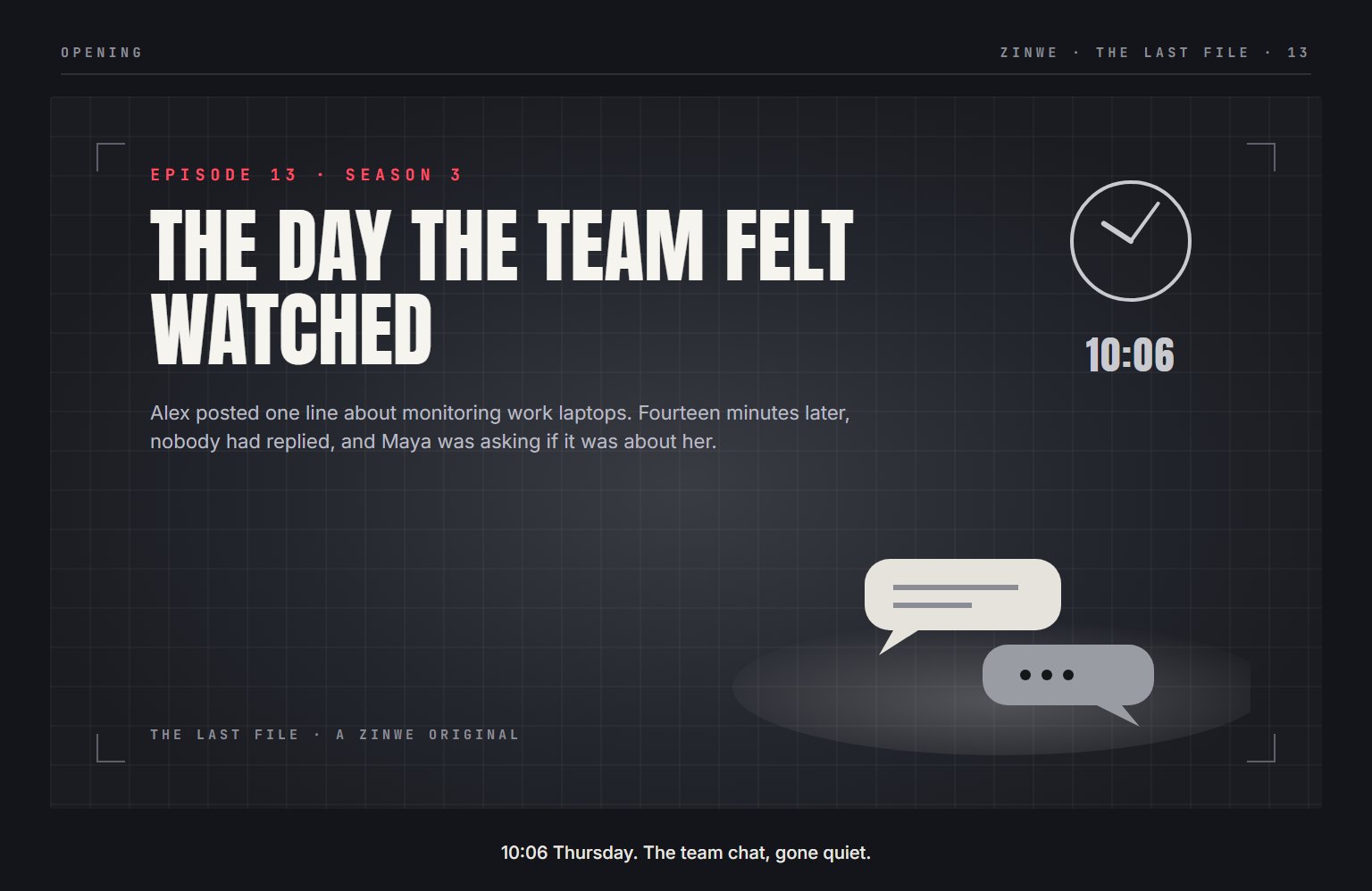 The Last File, episode 13: The Day the Team Felt Watched. 10:06 Thursday. The team chat, gone quiet.