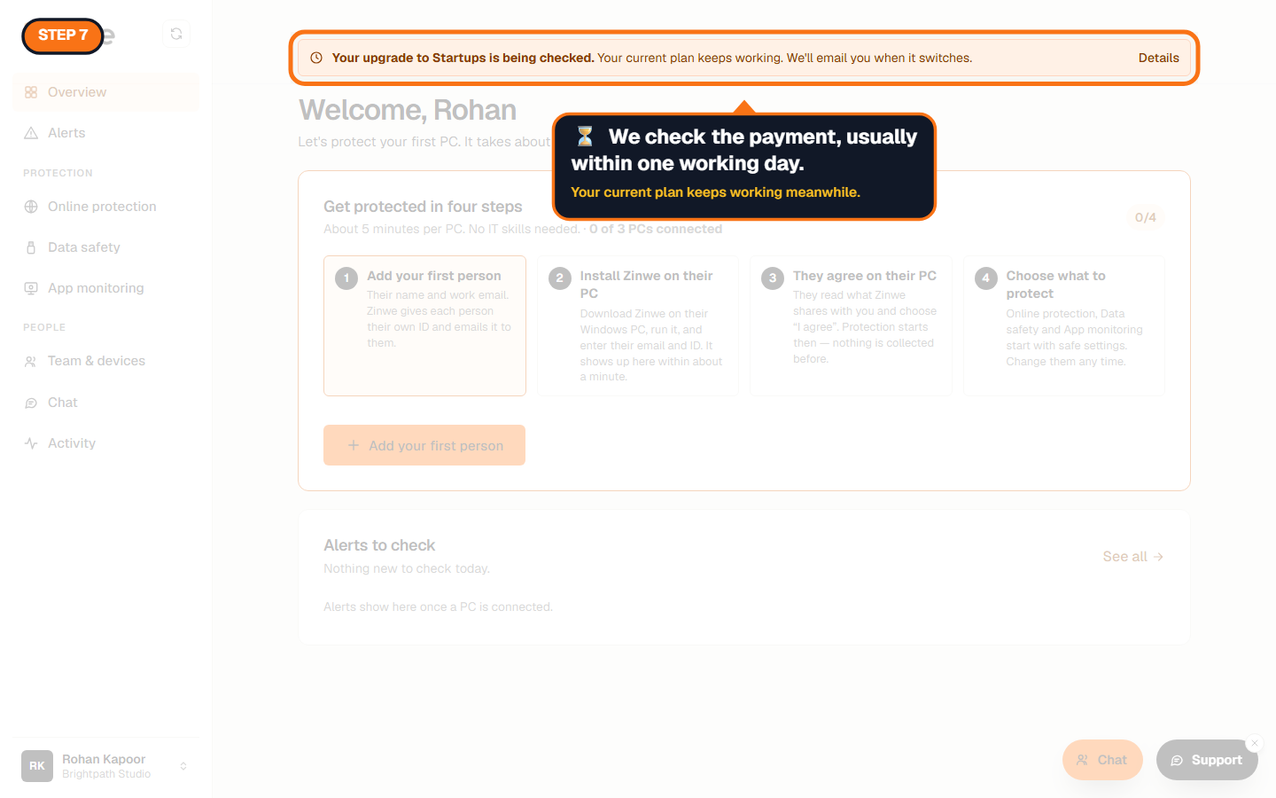 The dashboard banner saying the upgrade is being checked
