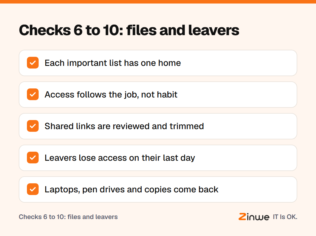 Five checks for files and leavers, from one home per list to returning company data