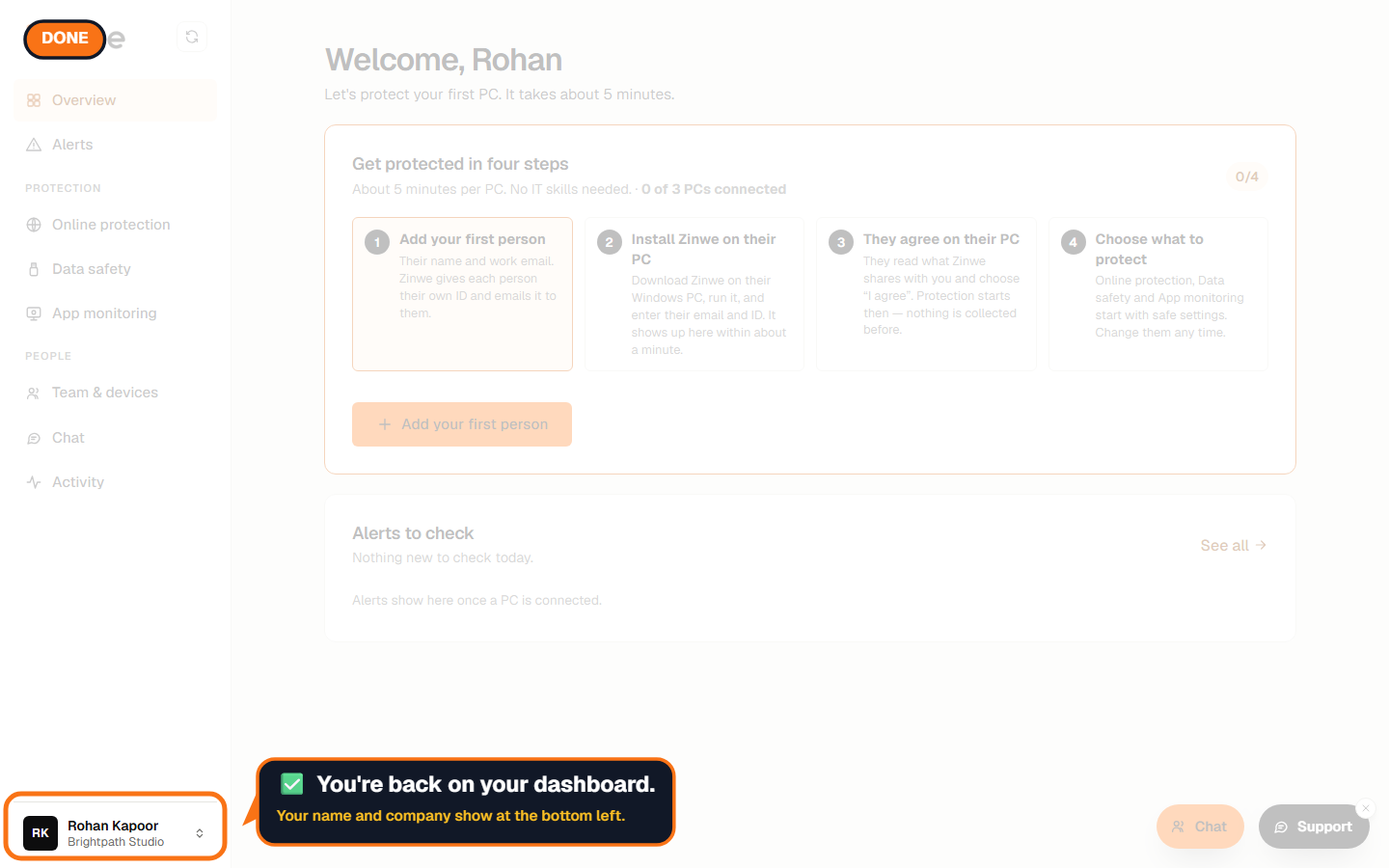 The dashboard after logging in, with the account row highlighted