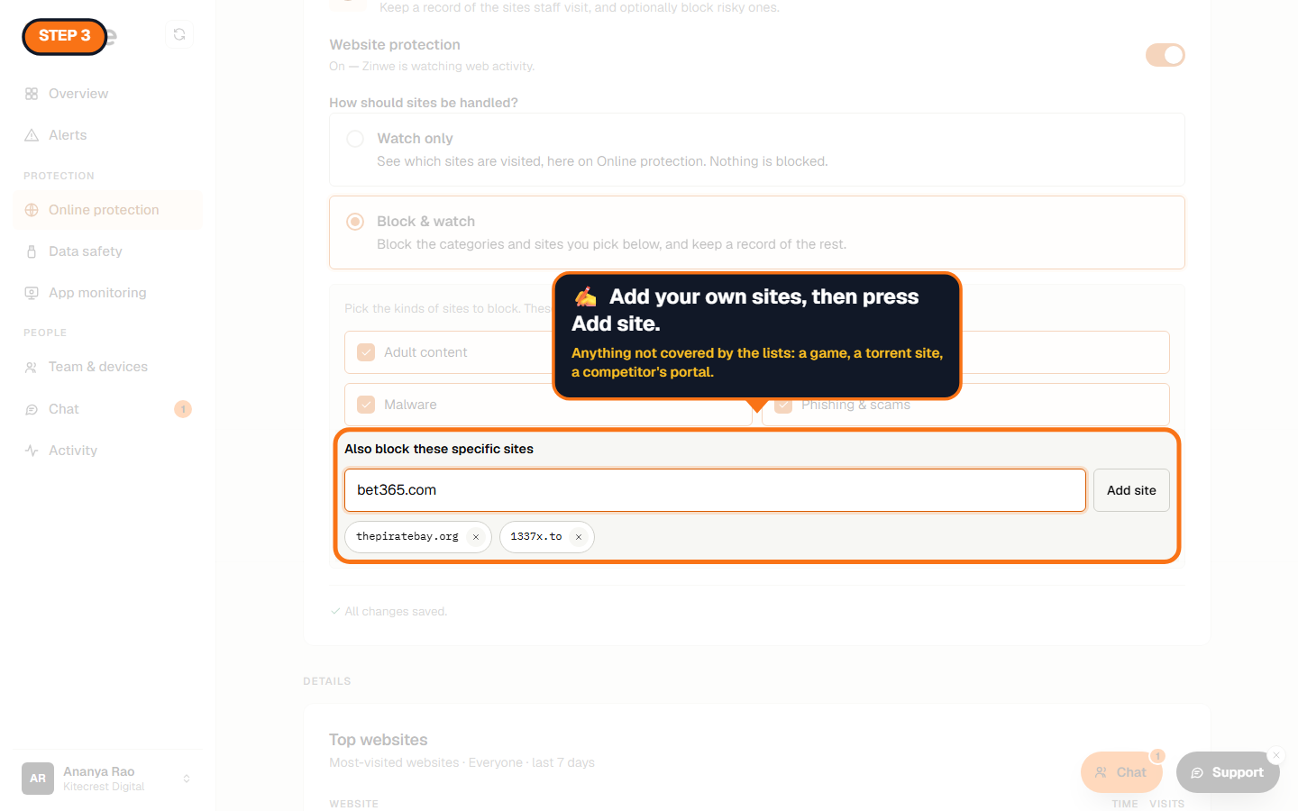 Typing a site into Also block these specific sites