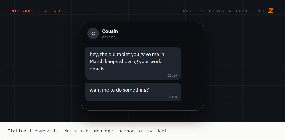 A message from Sam's cousin saying the old tablet Sam gave him in March keeps showing Sam's work emails.