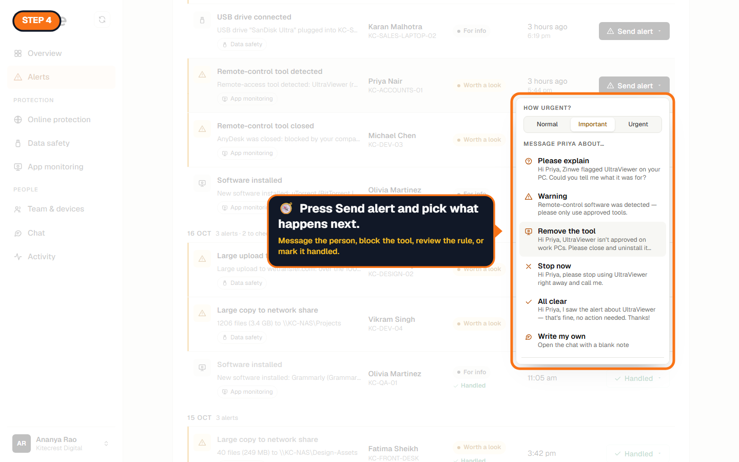 The Send alert menu with urgency and message options
