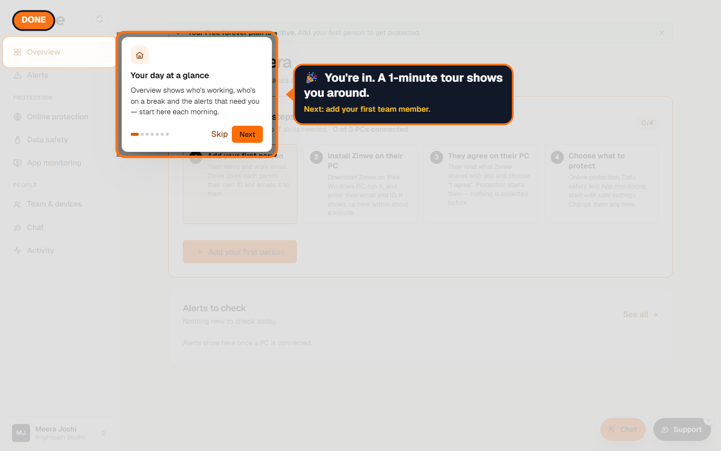 The new dashboard with the first step of the welcome tour