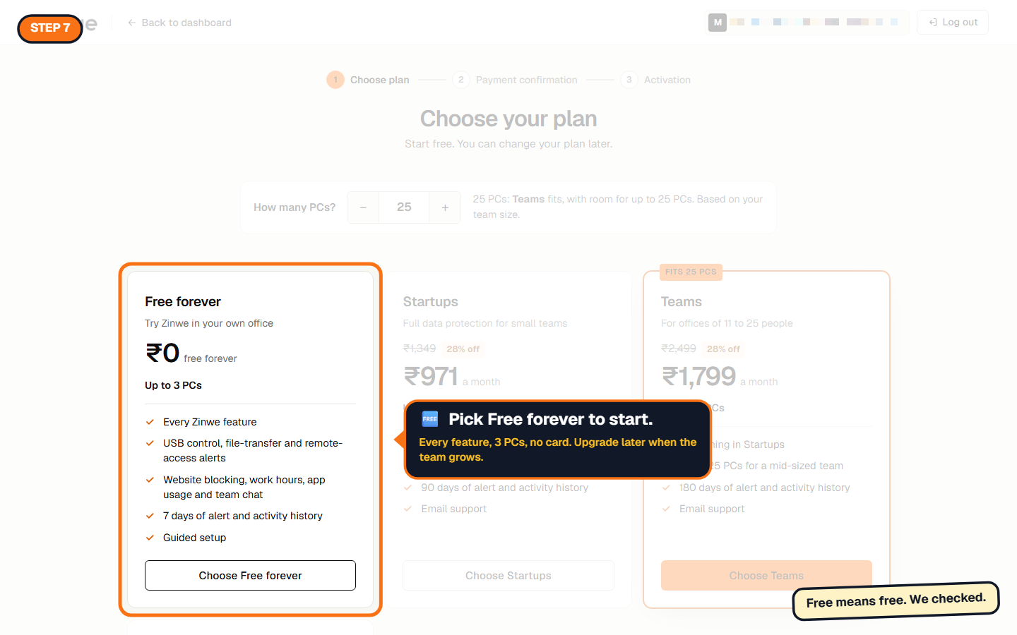 The plan page with the Free forever card highlighted