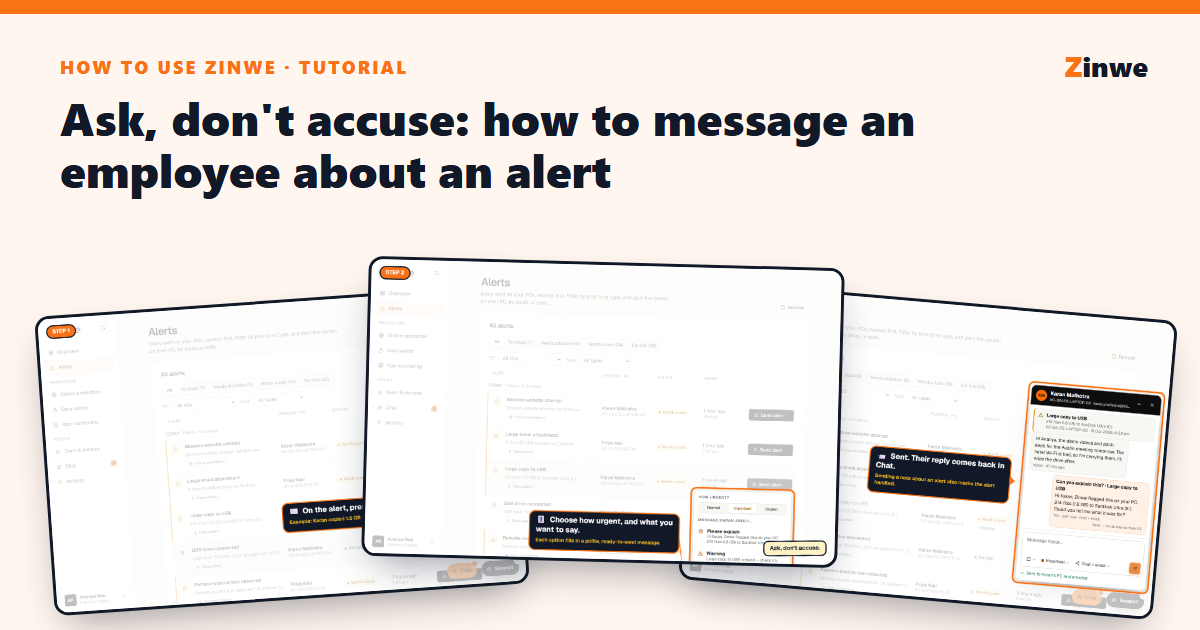 Three Zinwe screens: the Send alert button, the message options and the chat with the note sent.