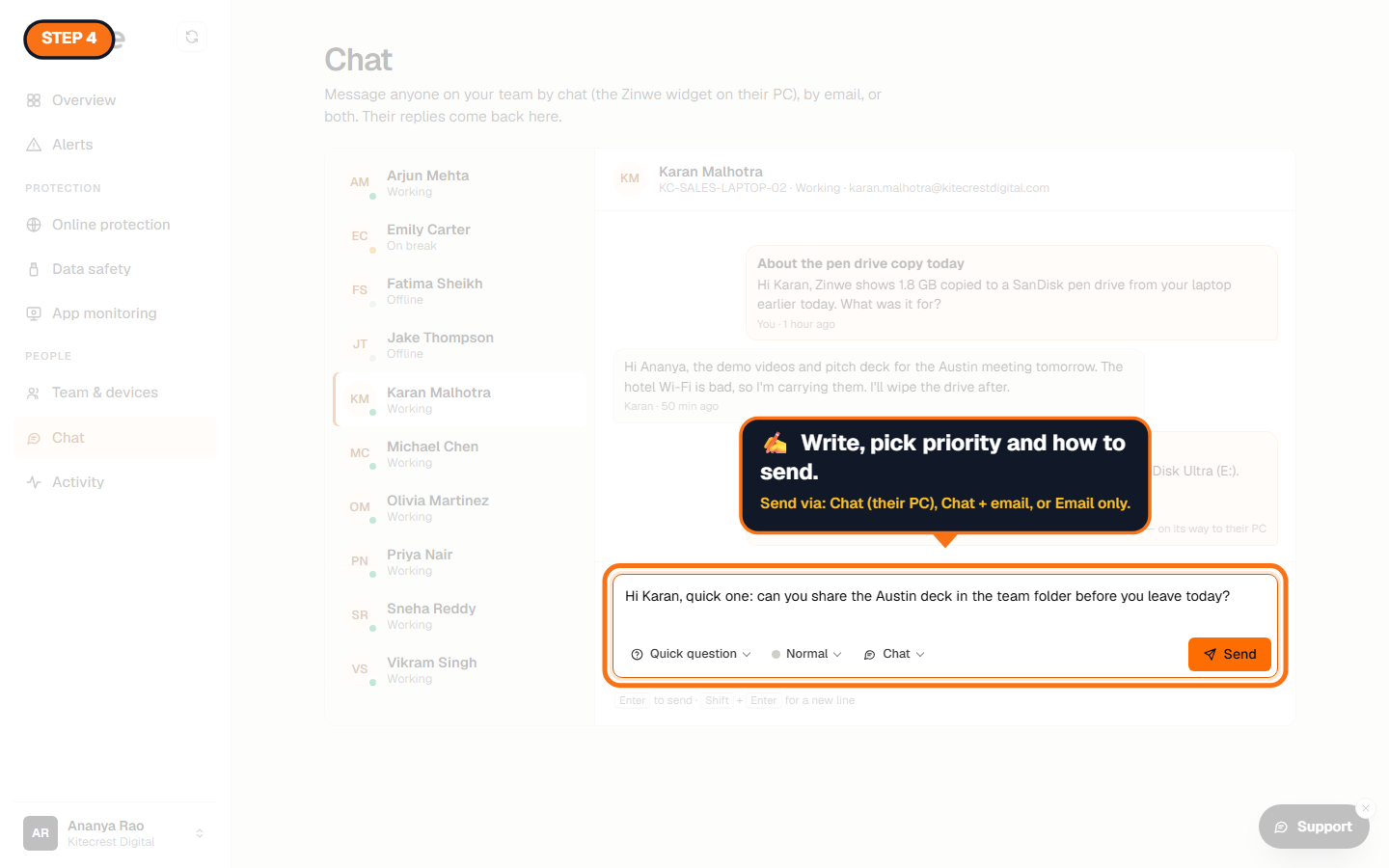 The message box with priority and send options