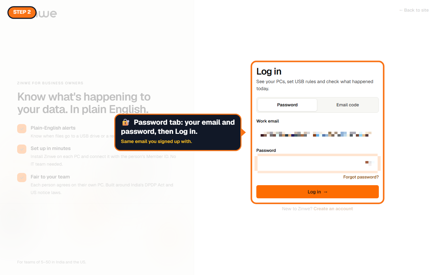 The Log in form on the Password tab, email and password hidden