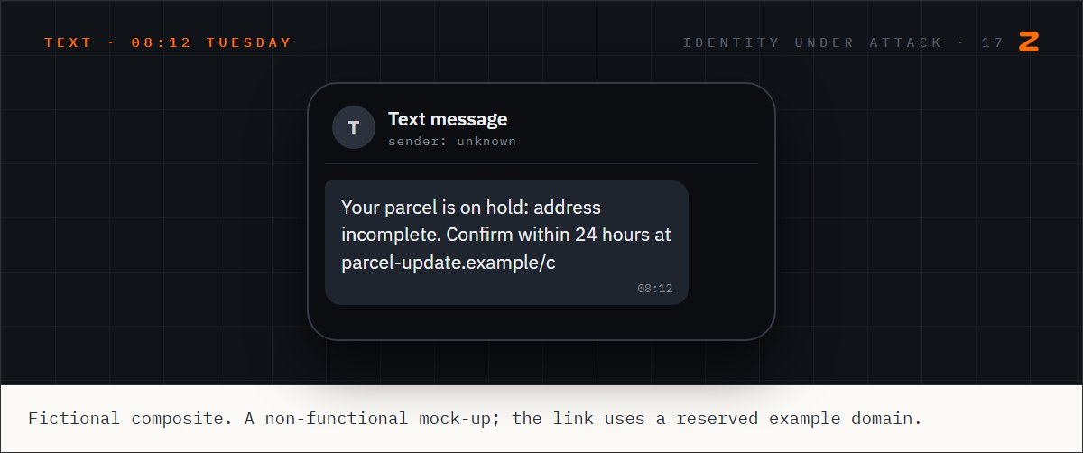 A text message saying a parcel is on hold because the address is incomplete, asking the reader to confirm through a link within 24 hours.