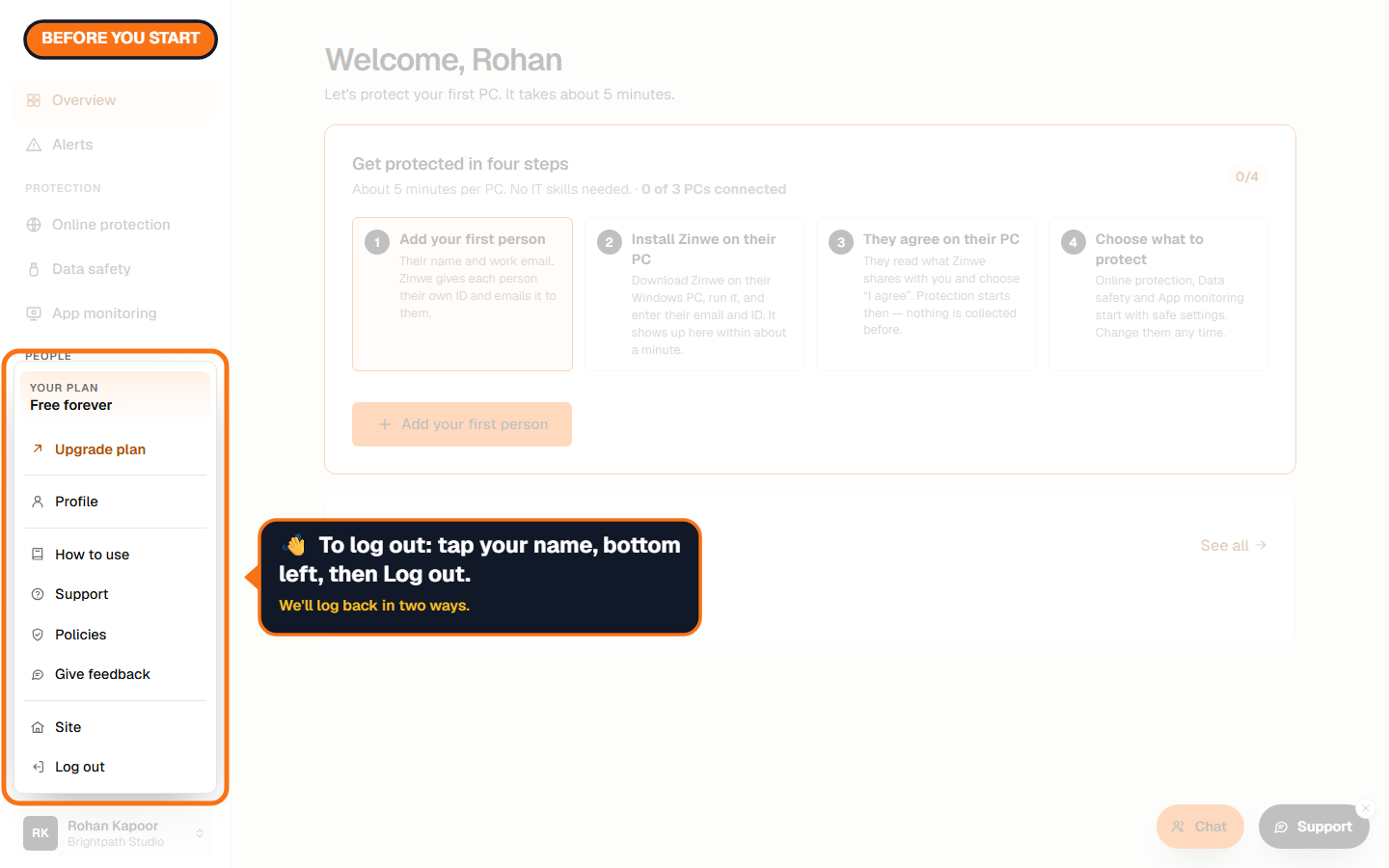 The account menu open at the bottom left, with Log out at the end