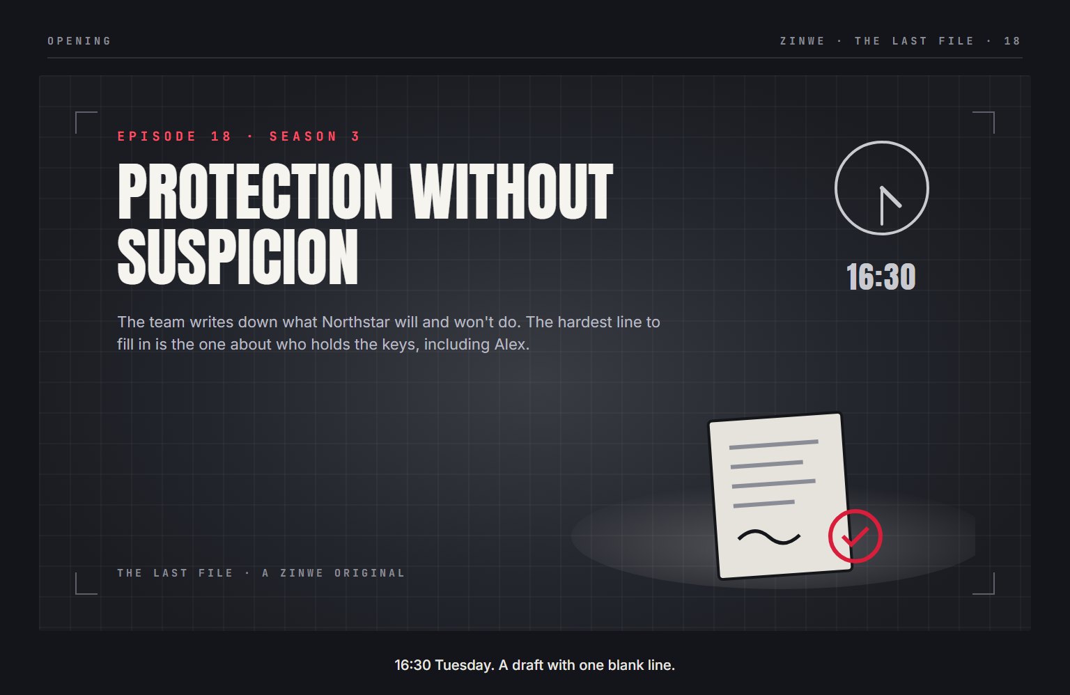 The Last File, episode 18: Protection Without Suspicion. 16:30 Tuesday. A draft with one blank line.