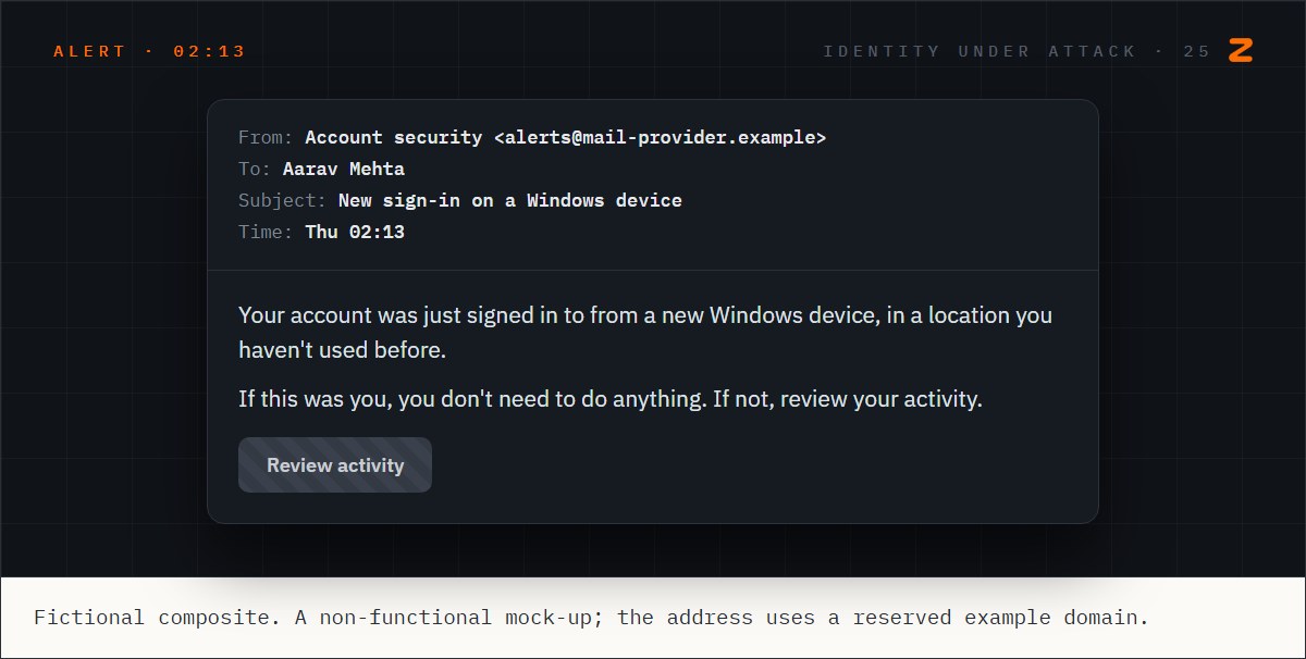 A sign-in alert email at 2:13 AM saying Aarav's account was signed in to from a new Windows device in an unfamiliar location, with a button to review activity.