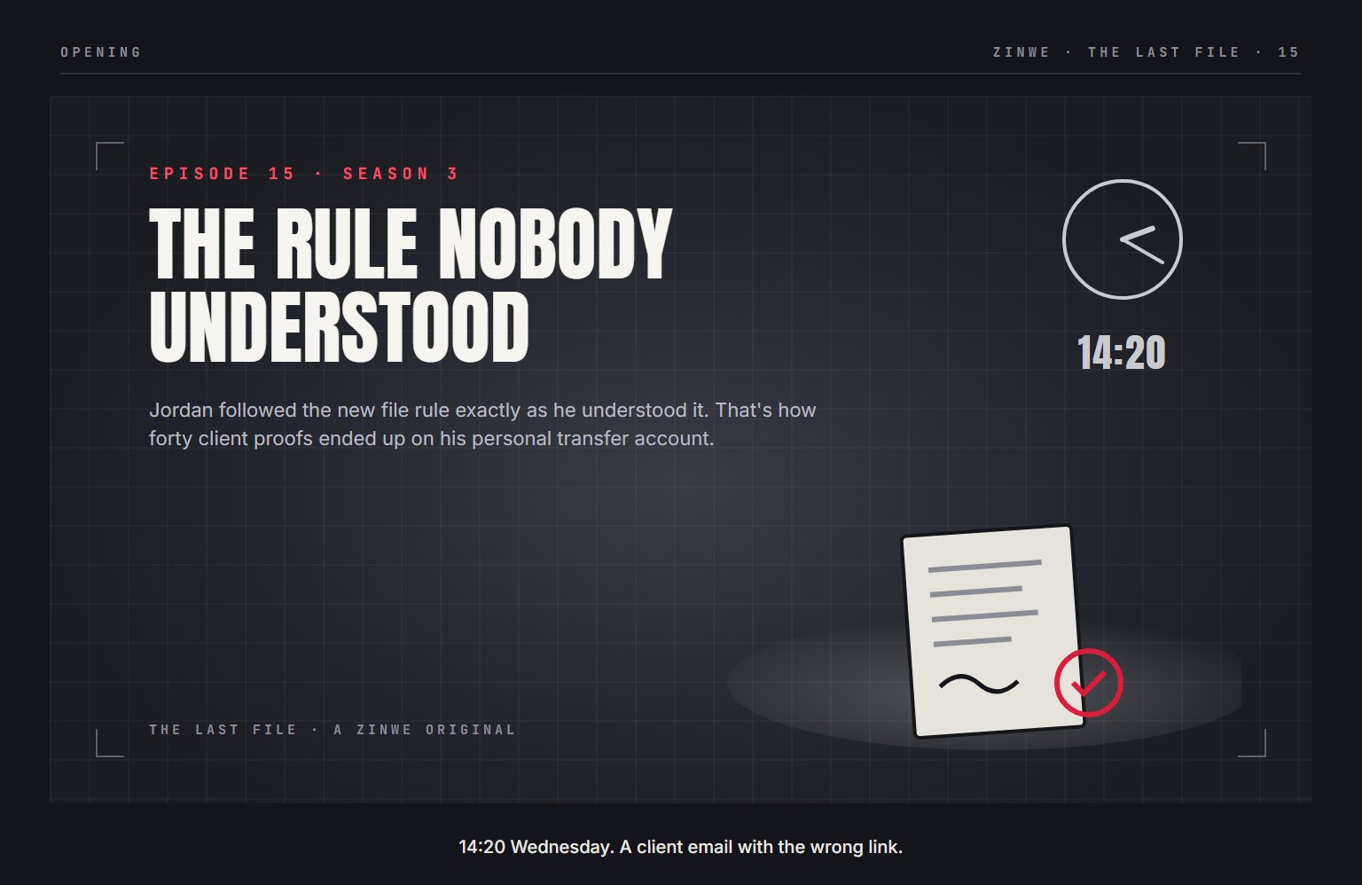 The Last File, episode 15: The Rule Nobody Understood. 14:20 Wednesday. A client email with the wrong link.
