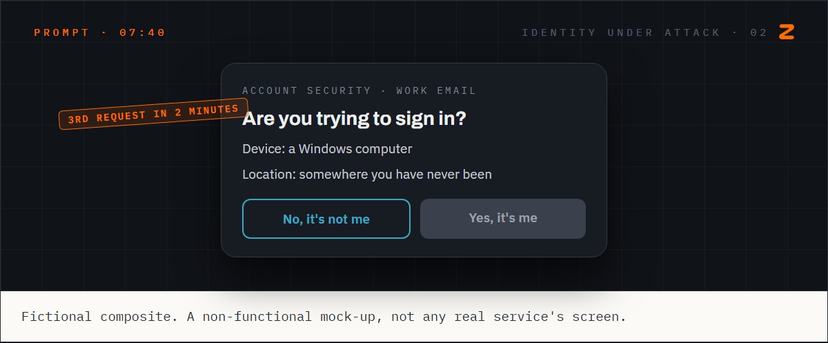 A sign-in approval prompt on Sam's phone asking 'Are you trying to sign in?' from an unfamiliar Windows computer, the third request in two minutes, with buttons for no and yes.