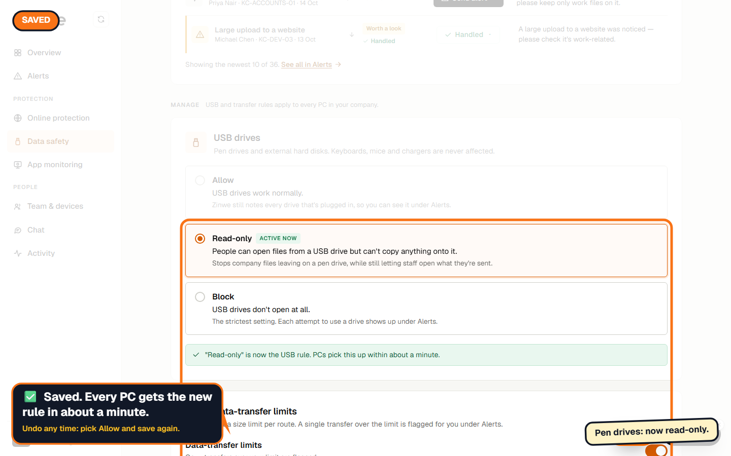 Read-only shown as active now with the saved confirmation