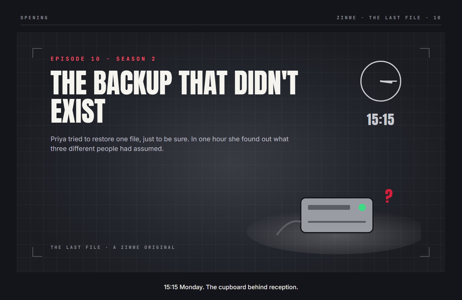 The Last File, episode 10: The Backup That Didn't Exist. 15:15 Monday. The cupboard behind reception.