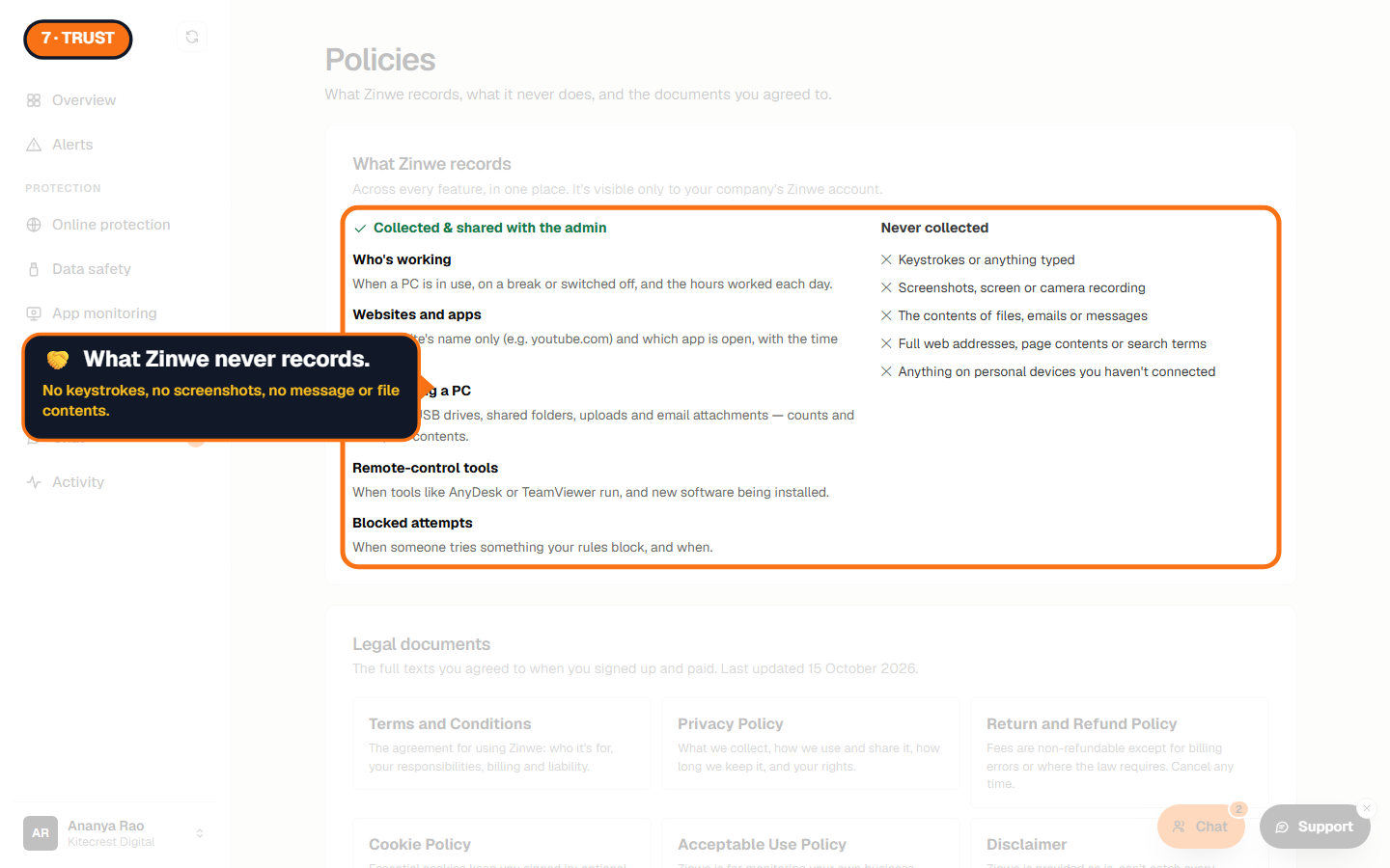 The Policies page: collected and shared with the admin, and never collected