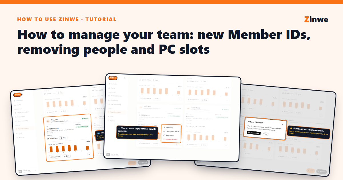 Three Zinwe screens: a member card, the more menu and the remove dialog.
