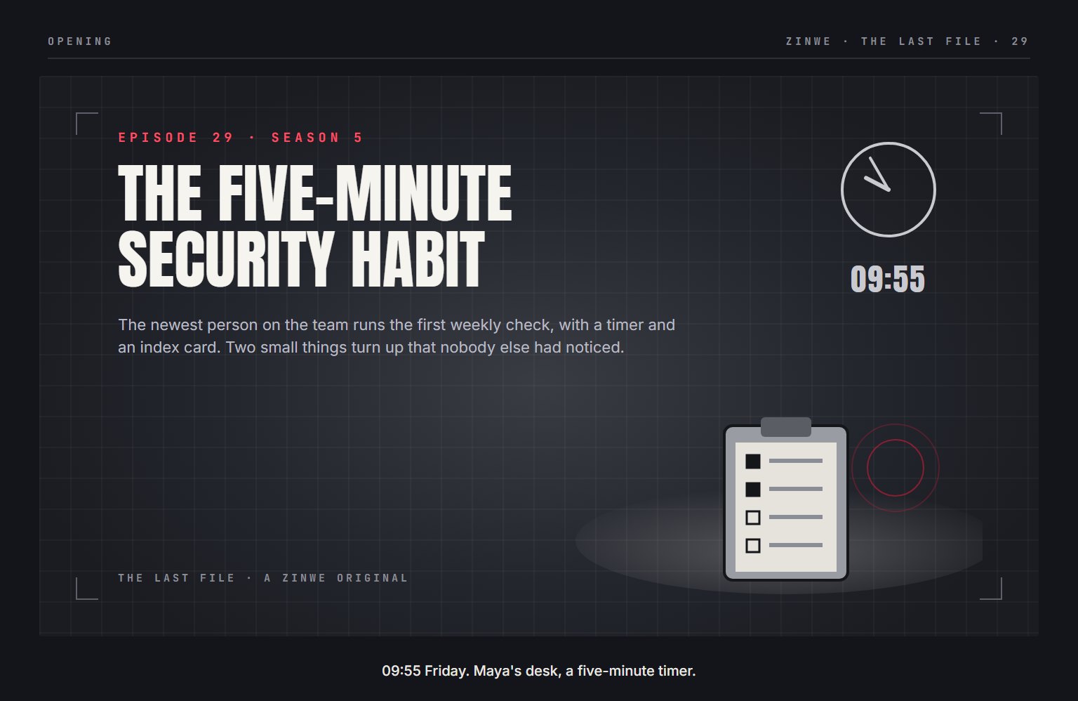 The Last File, episode 29: The Five-Minute Security Habit. 09:55 Friday. Maya's desk, a five-minute timer.