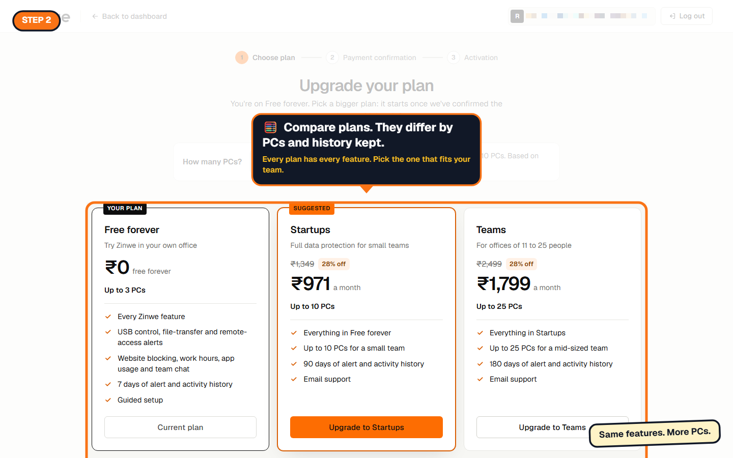 The Upgrade your plan page with the plan cards highlighted