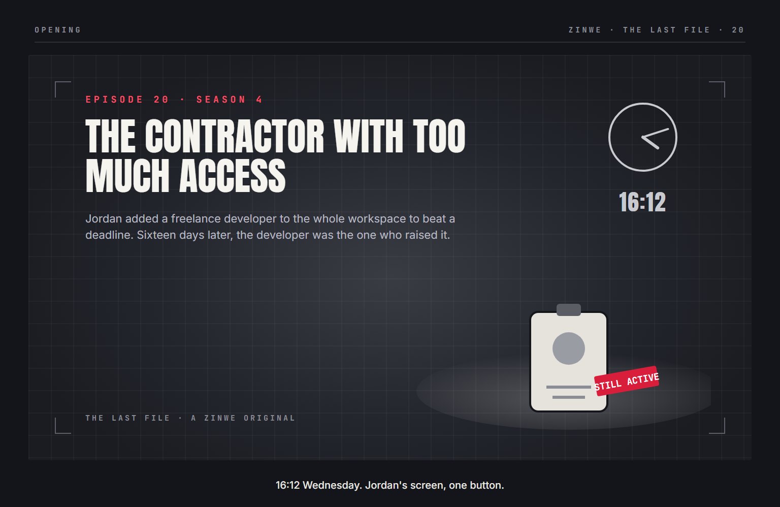 The Last File, episode 20: The Contractor With Too Much Access. 16:12 Wednesday. Jordan's screen, one button.