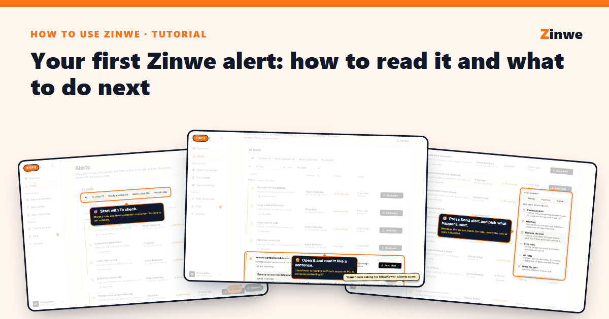 Three Zinwe screens: the Alerts page filters, an open alert, and the Send alert menu.