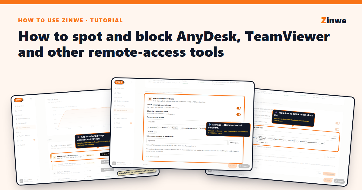 Three Zinwe screens: a remote-control tool alert, the remote software rules and the block list.
