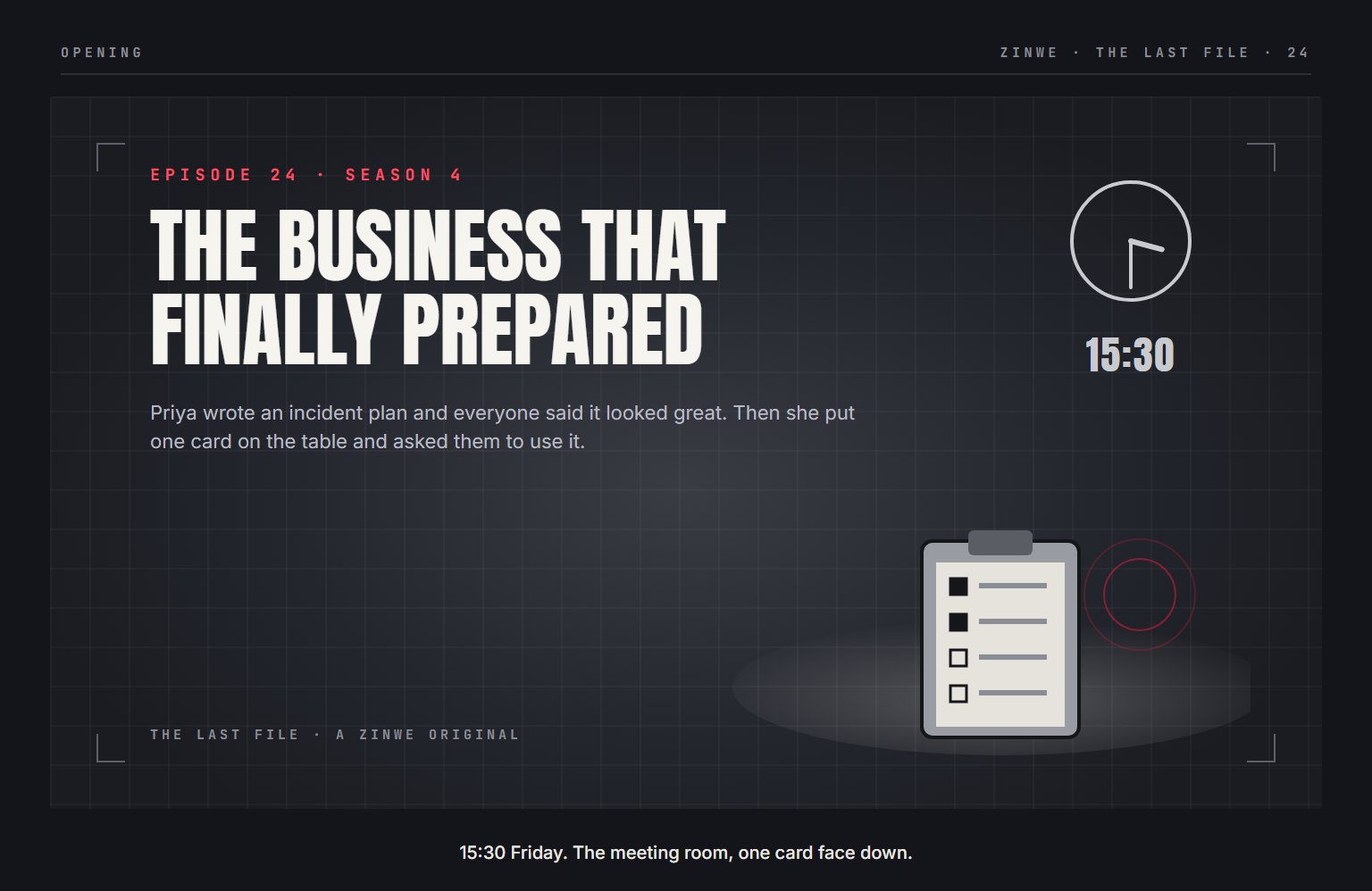 The Last File, episode 24: The Business That Finally Prepared. 15:30 Friday. The meeting room, one card face down.