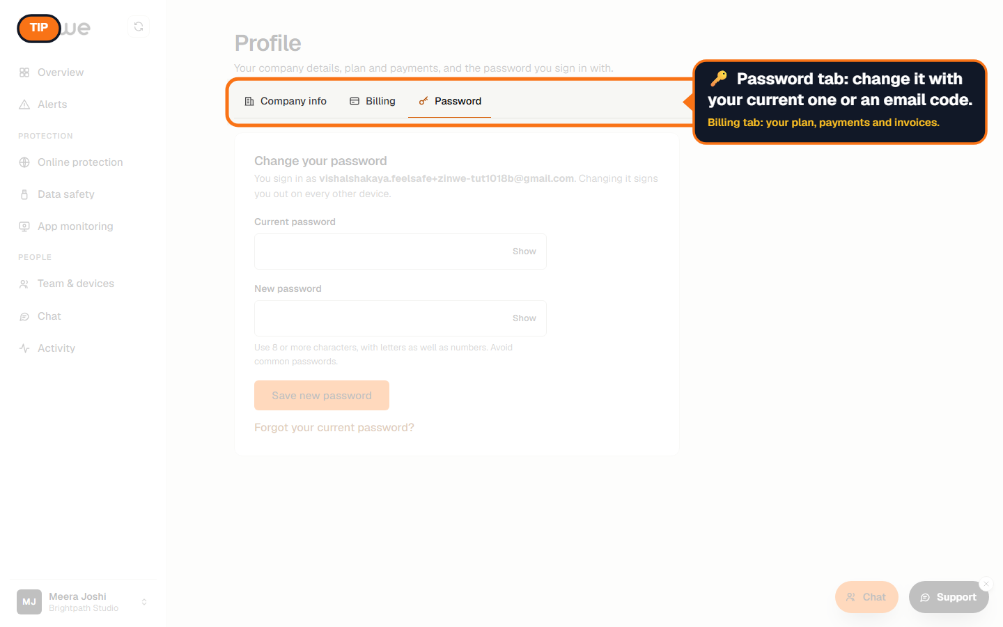 The Password tab in Profile