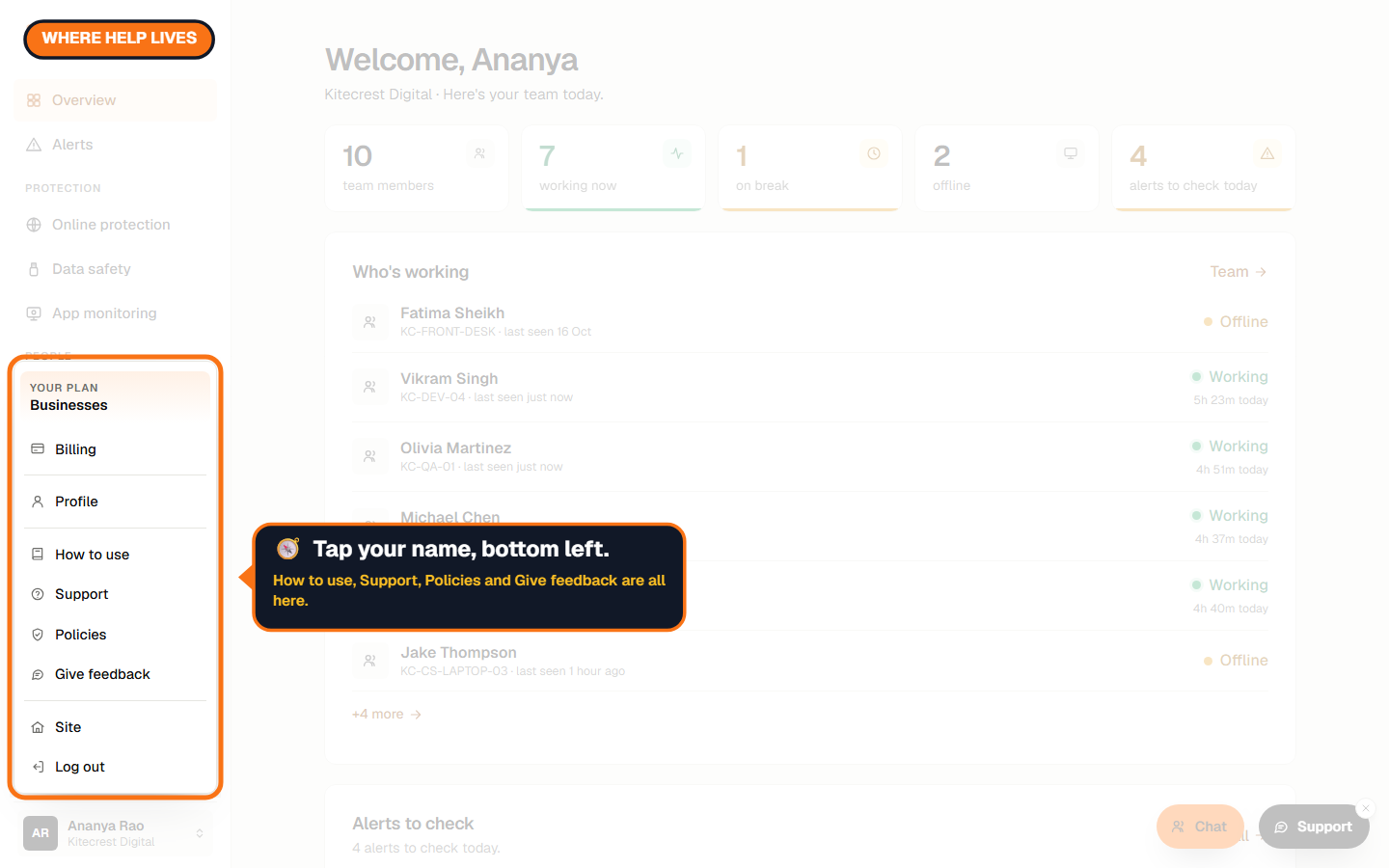 The account menu with How to use, Support, Policies and Give feedback