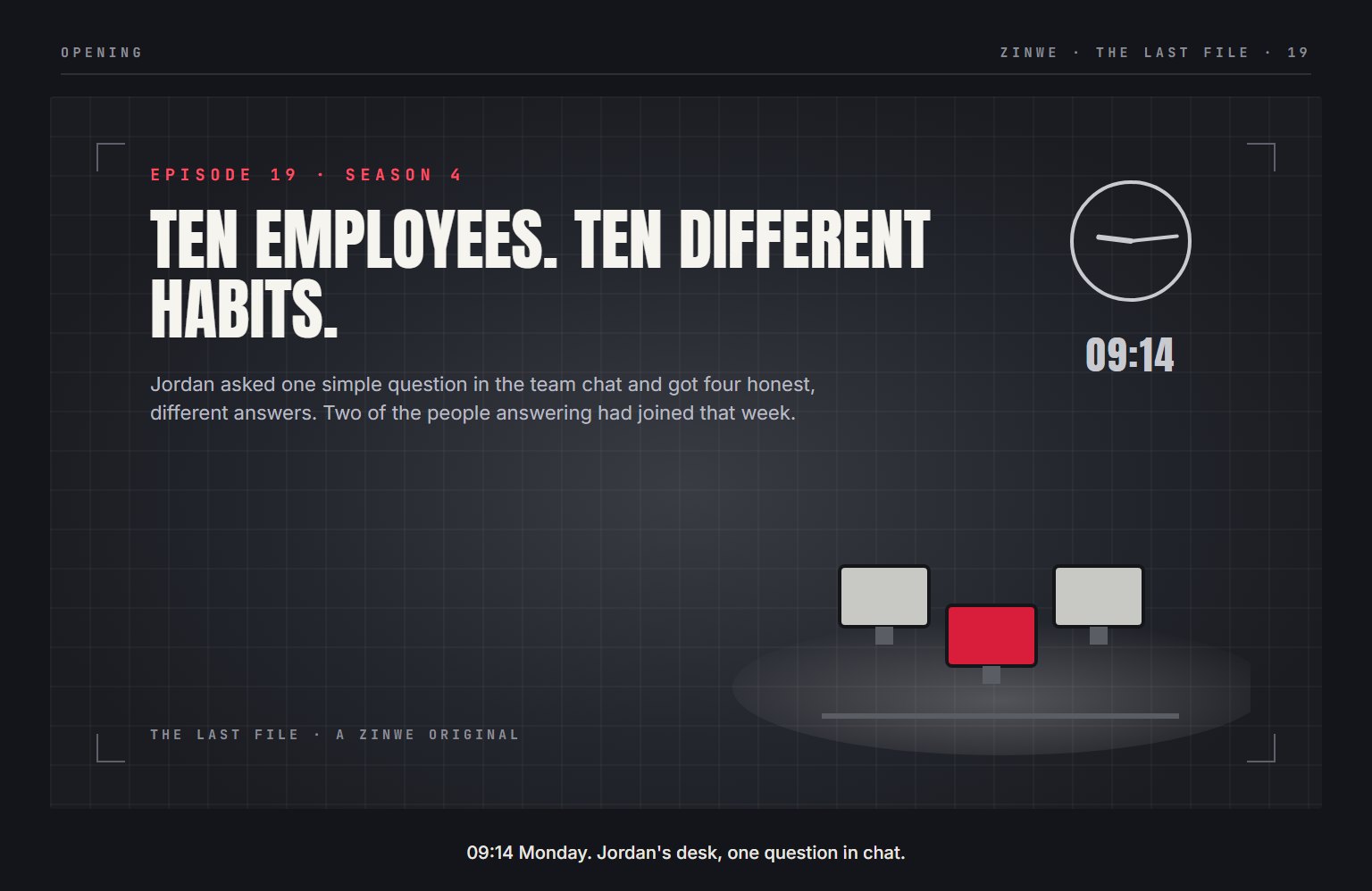 The Last File, episode 19: Ten Employees. Ten Different Habits.. 09:14 Monday. Jordan's desk, one question in chat.