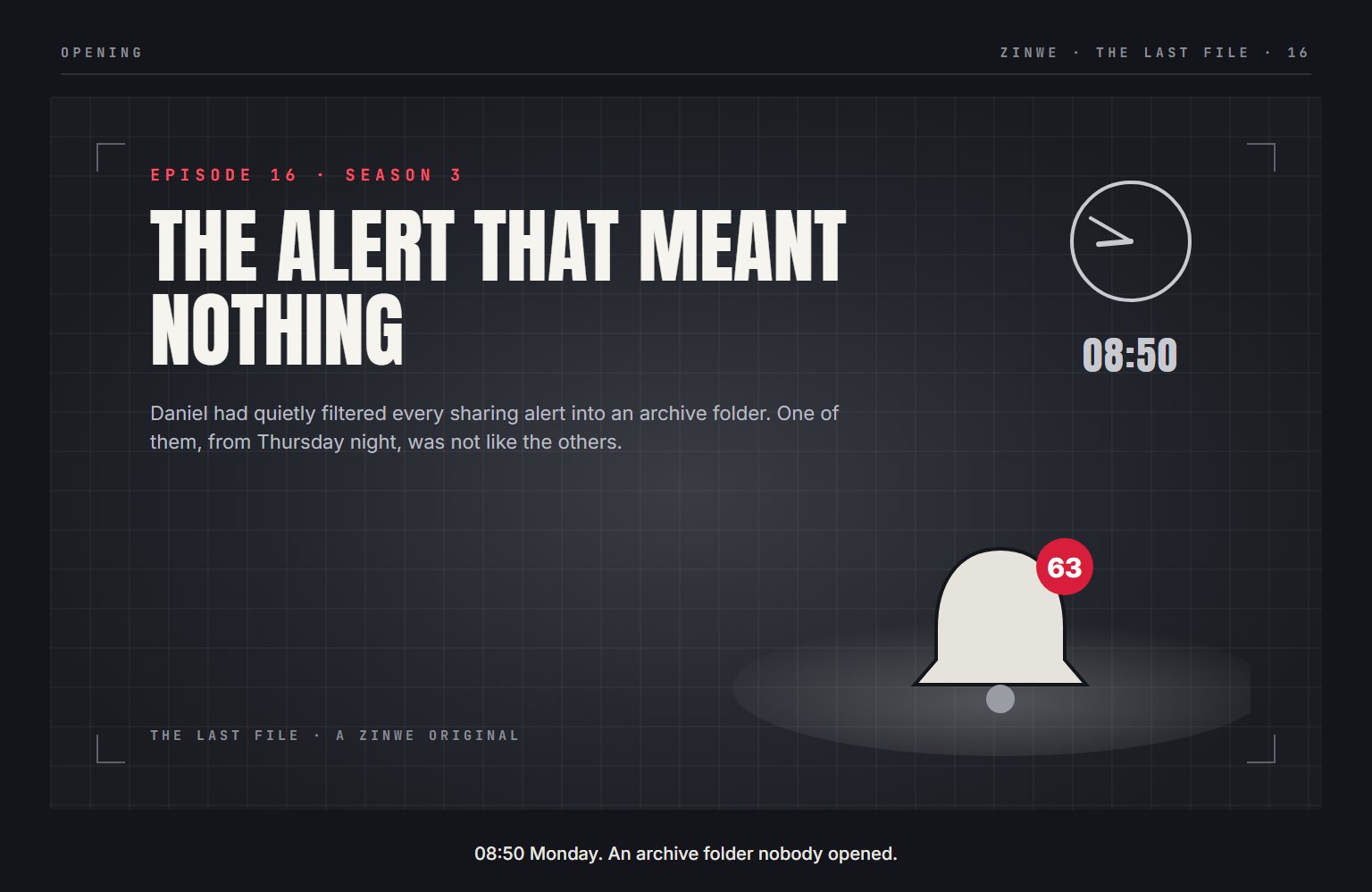 The Last File, episode 16: The Alert That Meant Nothing. 08:50 Monday. An archive folder nobody opened.