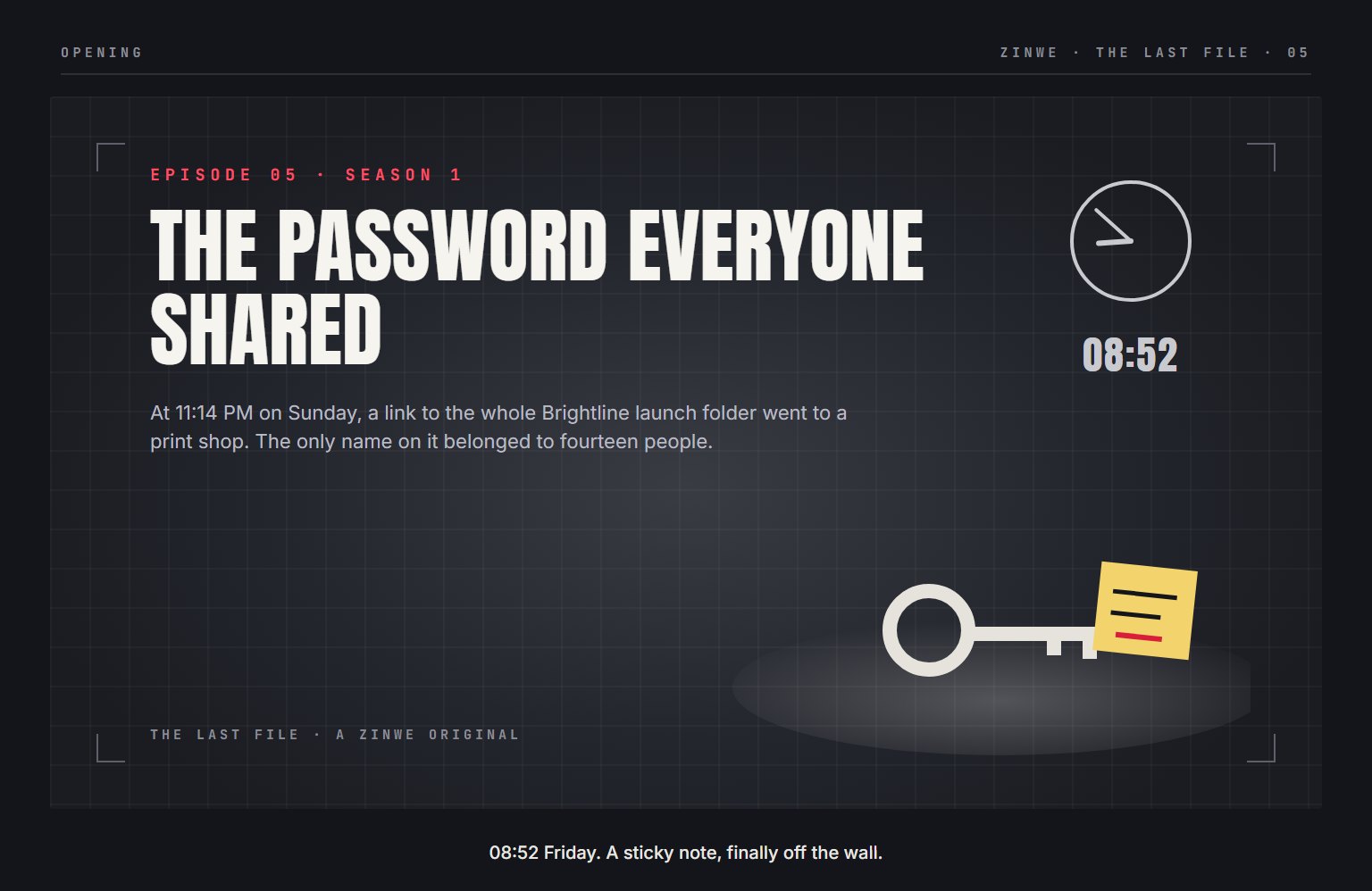 The Last File, episode 5: The Password Everyone Shared. 08:52 Friday. A sticky note, finally off the wall.