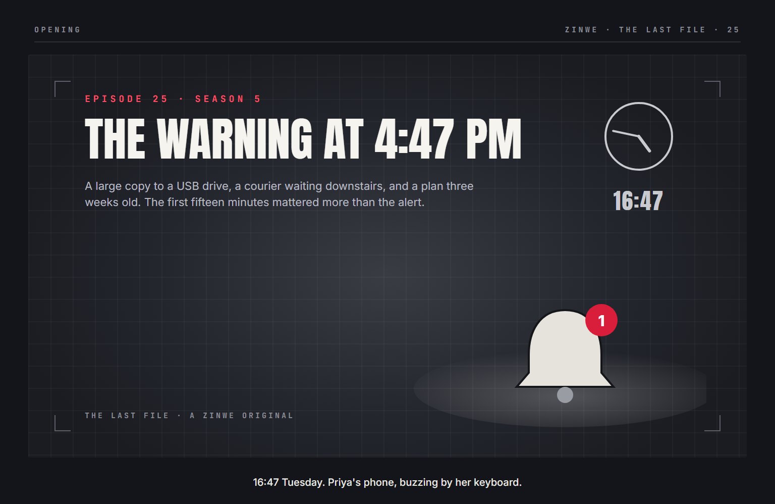 The Last File, episode 25: The Warning at 4:47 PM. 16:47 Tuesday. Priya's phone, buzzing by her keyboard.