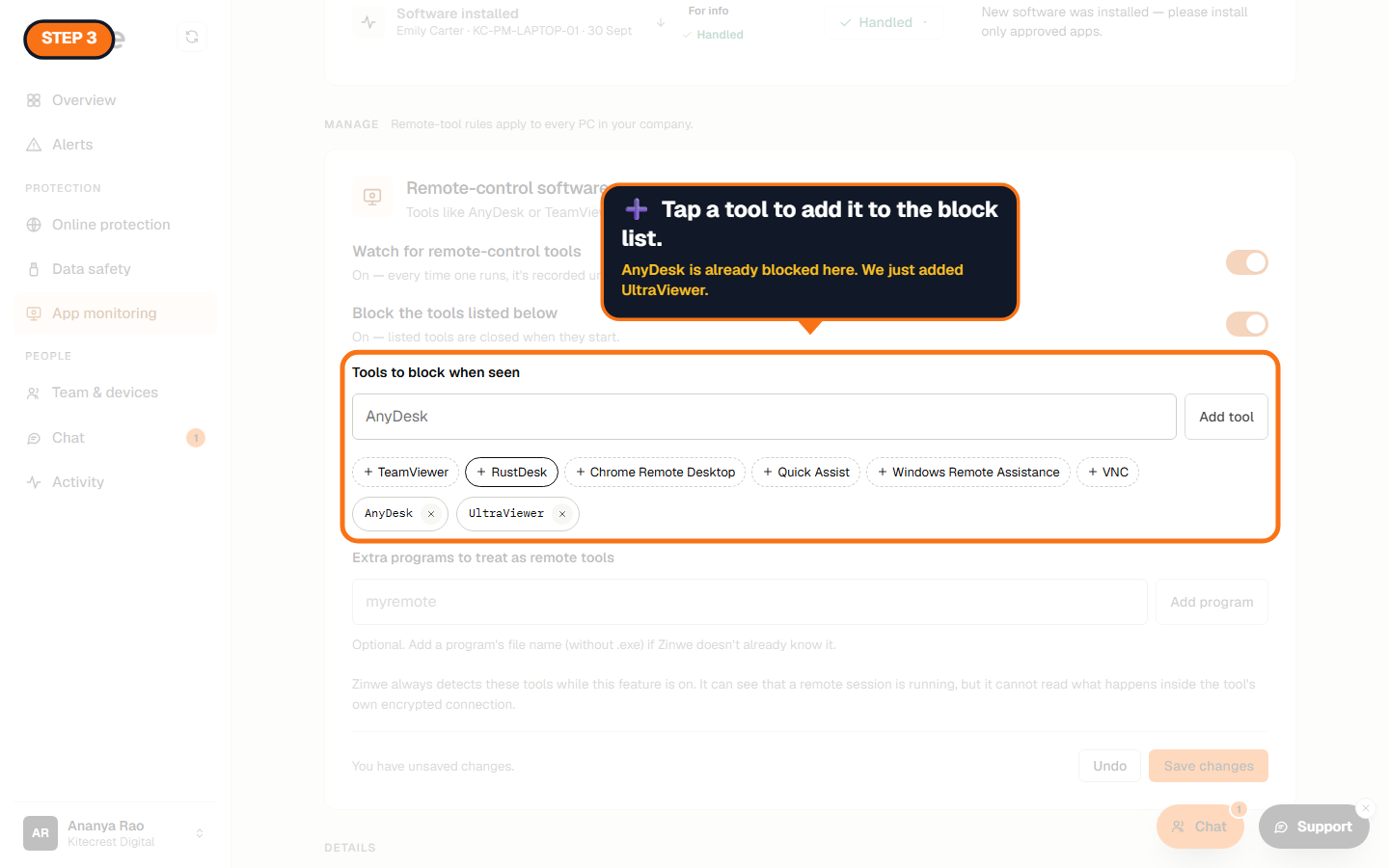 The block list with AnyDesk and UltraViewer added