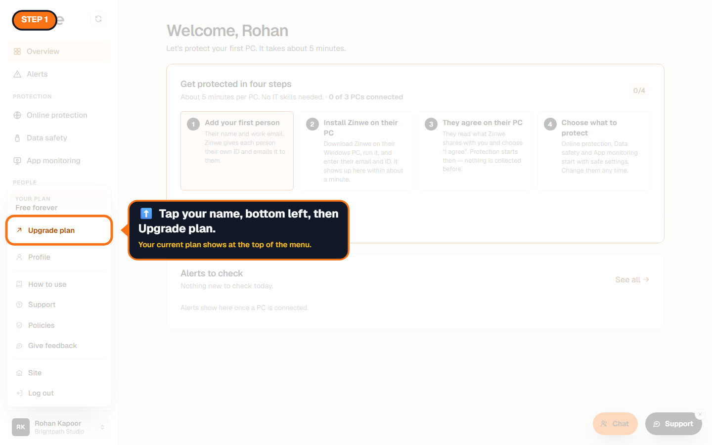 The account menu showing the current plan and Upgrade plan