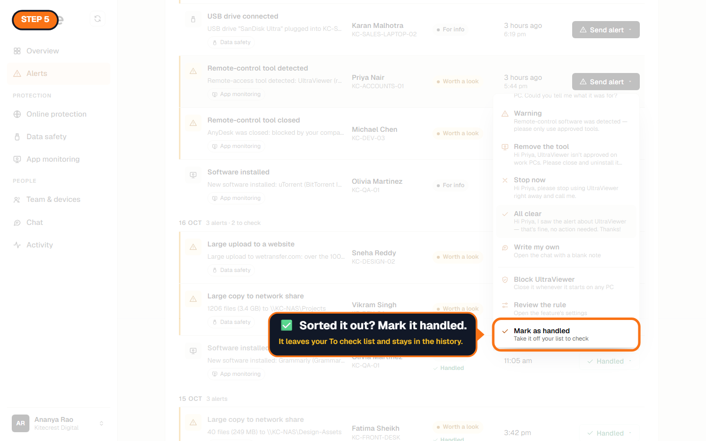 Mark as handled at the end of the Send alert menu