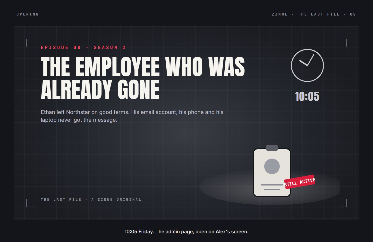 The Last File, episode 8: The Employee Who Was Already Gone. 10:05 Friday. The admin page, open on Alex's screen.