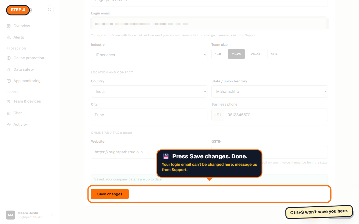 The Save changes button and the saved confirmation