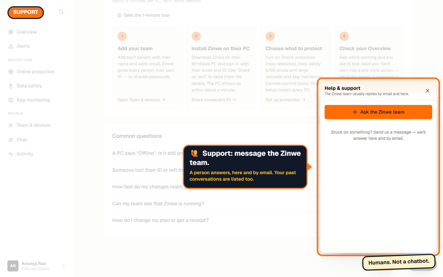 The Support panel