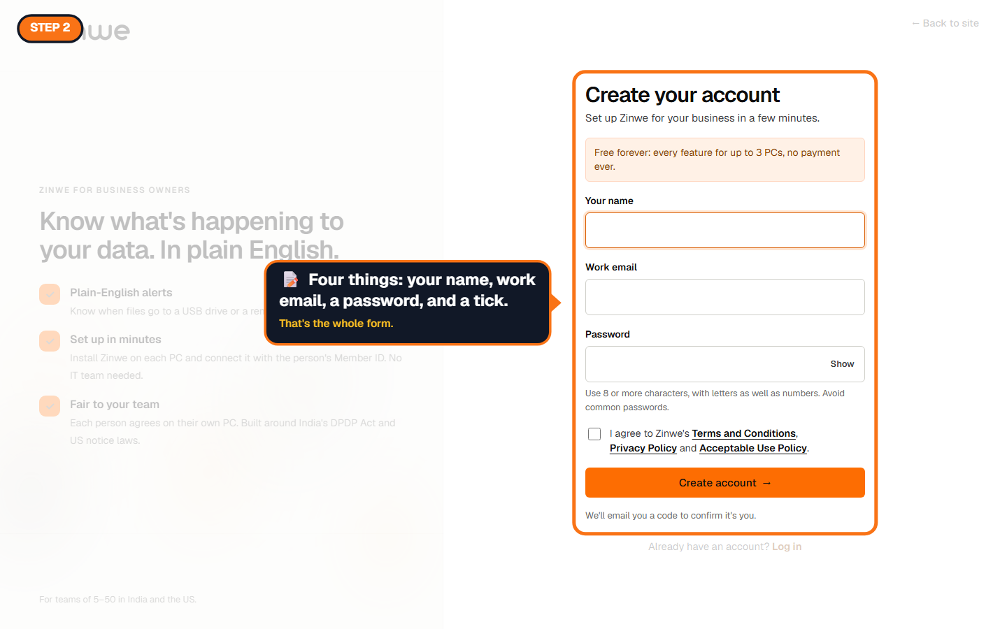 The Create your account form with name, work email and password fields