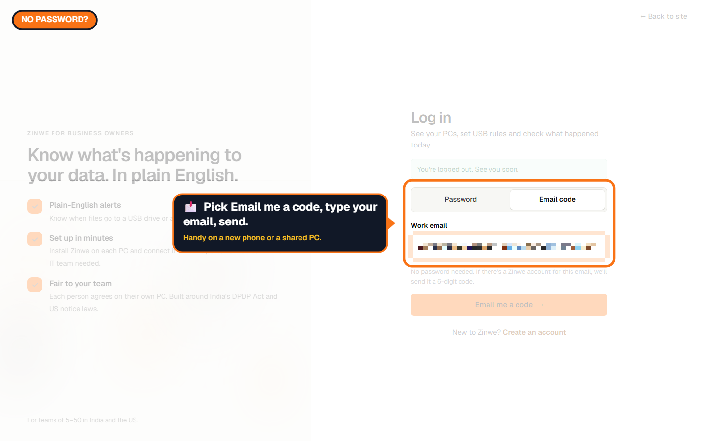 The Email code tab with the work email field, address hidden