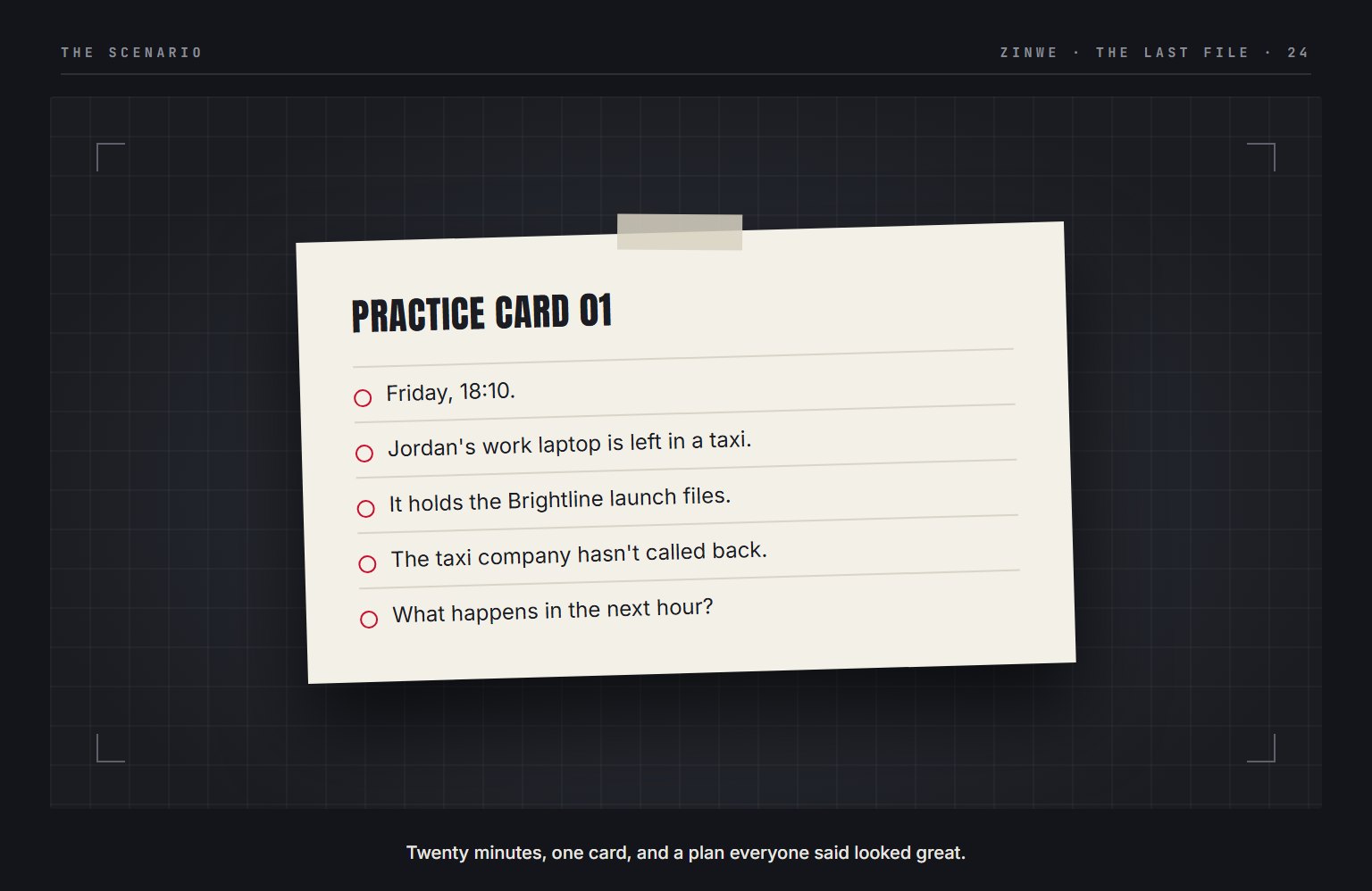 The scenario card: Jordan's work laptop is left in a taxi at 6:10 PM on a Friday, with the Brightline launch files on it.