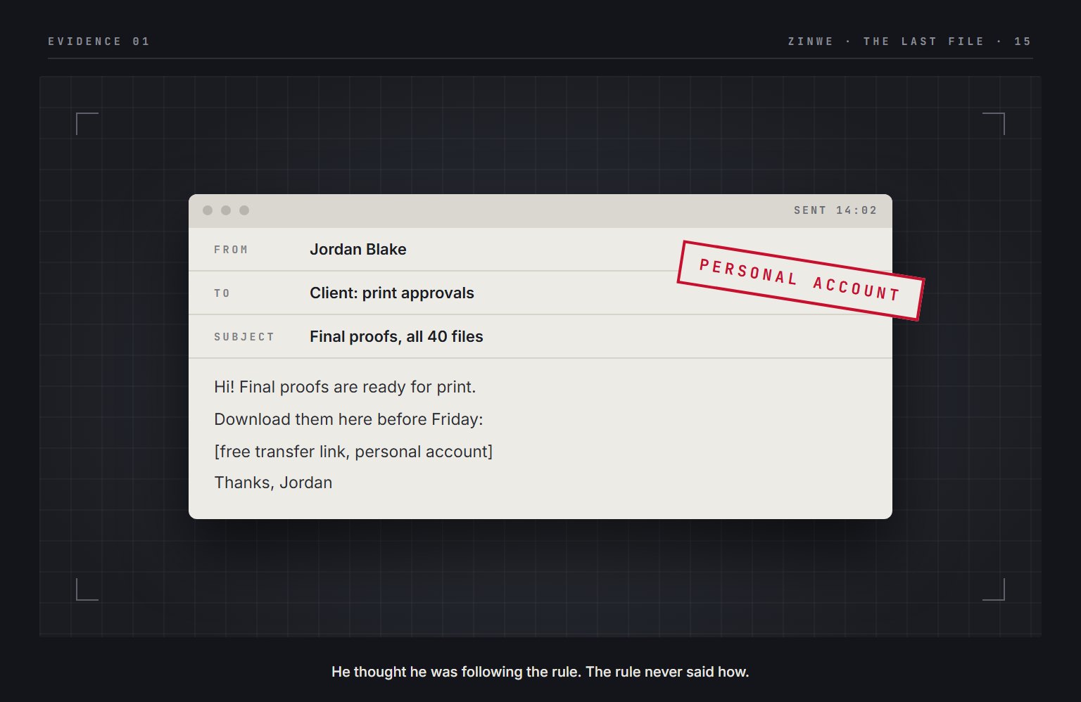 Evidence 01: Jordan's email to a client with forty proofs shared through a free transfer site on his personal account.