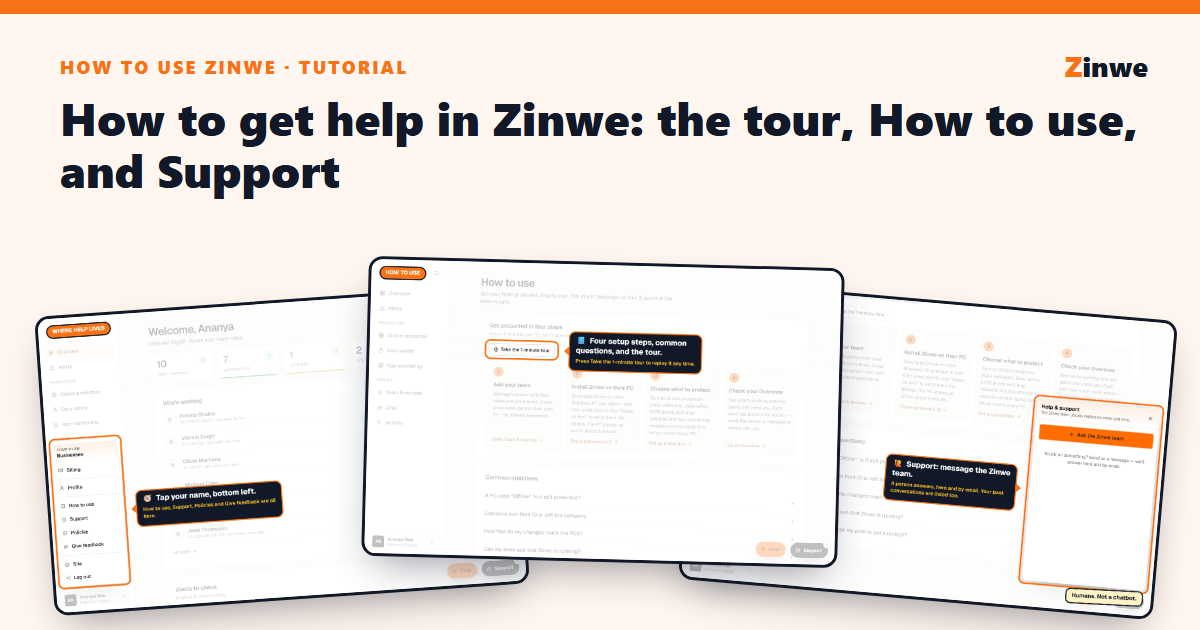 Three Zinwe screens: the account menu, the How to use page and the Support panel.