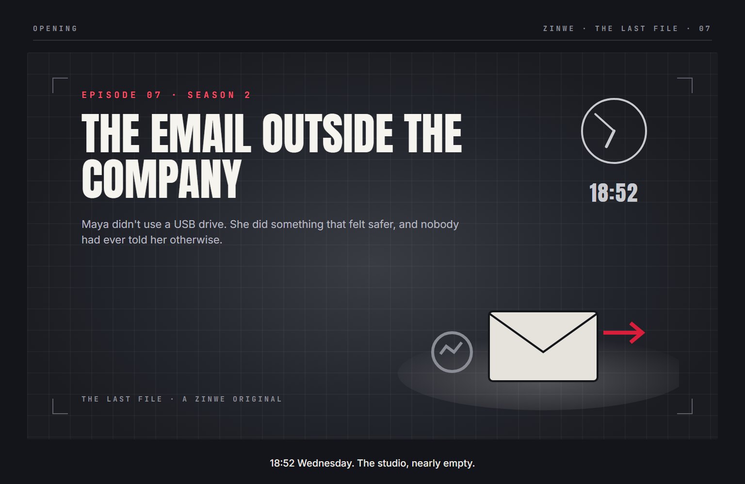 The Last File, episode 7: The Email Outside the Company. 18:52 Wednesday. The studio, nearly empty.