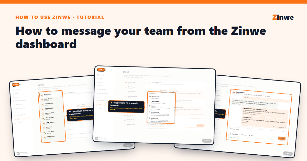 Three Zinwe screens: the chat list, the suggestions menu and a sent message.